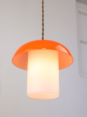 Mid-Century Orange Glass & Brass Mushroom Pendant Lamp-HGJ-1440887