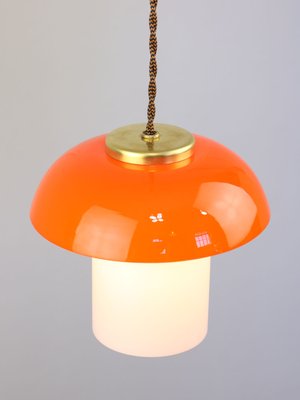 Mid-Century Orange Glass & Brass Mushroom Pendant Lamp-HGJ-1440887