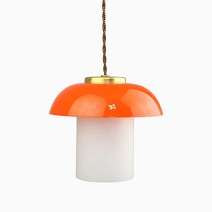 Mid-Century Orange Glass & Brass Mushroom Pendant Lamp-HGJ-1440887