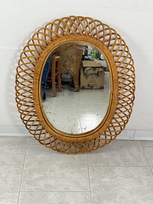 Mid-Century Oval Mirror in Rattan and Bamboo in the Style of Franco Albini, 1960s-YST-2034009