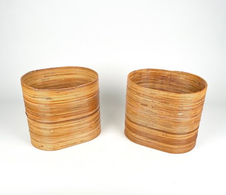 Mid-Century Oval Rattan and Bamboo Basket Plant Holders or Vases, Italy, 1960s, Set of 2-LYQ-1288547