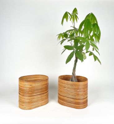 Mid-Century Oval Rattan and Bamboo Basket Plant Holders or Vases, Italy, 1960s, Set of 2-LYQ-1288547