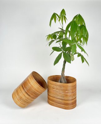 Mid-Century Oval Rattan and Bamboo Basket Plant Holders or Vases, Italy, 1960s, Set of 2-LYQ-1288547