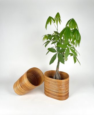 Mid-Century Oval Rattan and Bamboo Basket Plant Holders or Vases, Italy, 1960s, Set of 2-LYQ-1288547