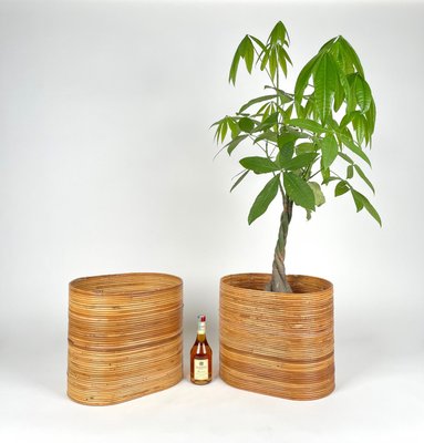 Mid-Century Oval Rattan and Bamboo Basket Plant Holders or Vases, Italy, 1960s, Set of 2-LYQ-1288547