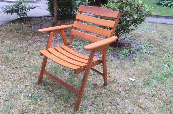 Mid-Century Patinated Wood Folding Garden or Patio Elbow Chair, 1960s-ED-1368095