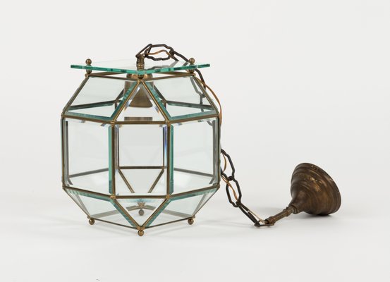 Mid-Century Pendant Light in Brass and Beveled Glass in the style of Adolf Loos, Italy, 1950s-LYQ-1818959