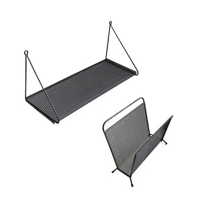 Mid-Century Perforated Metal Magazine Rack & Shelf, Set of 2-NUX-1275121