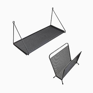 Mid-Century Perforated Metal Magazine Rack & Shelf, Set of 2-NUX-1275121