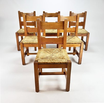 Mid-Century Pine and Rush Dining Chairs, Set of 6, 1960s-RMX-1219643