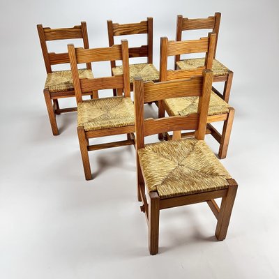 Mid-Century Pine and Rush Dining Chairs, Set of 6, 1960s-RMX-1219643