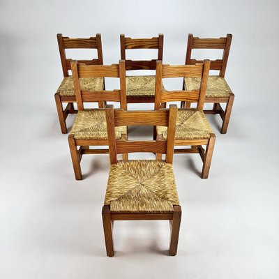 Mid-Century Pine and Rush Dining Chairs, Set of 6, 1960s-RMX-1219643