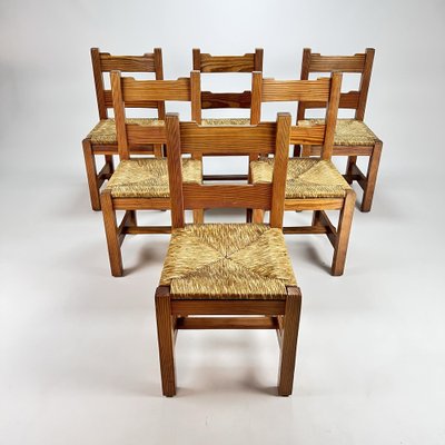 Mid-Century Pine and Rush Dining Chairs, Set of 6, 1960s-RMX-1219643