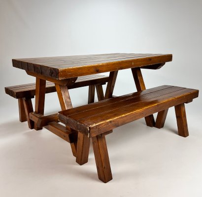 Mid-Century Pine Dining Set with One Table and Two Benches, 1960s, Set of 3-RMX-1153305