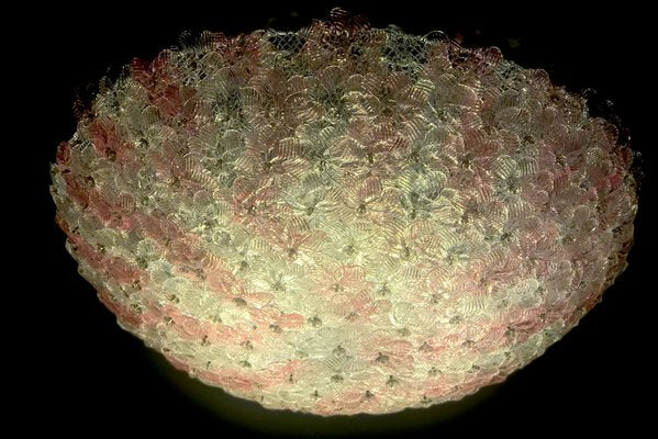 Mid-Century Pink and Ice Murano Glass Flowers Basket Ceiling Light-MBH-1032452