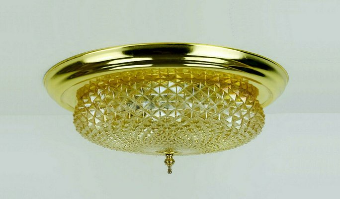 Mid-Century Plafoniere Amber Glass Structure Brass Ceiling Lamp, 1970s-FH-958235