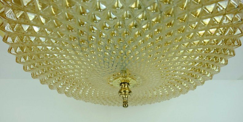 Mid-Century Plafoniere Amber Glass Structure Brass Ceiling Lamp, 1970s-FH-958235