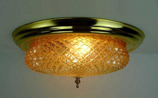 Mid-Century Plafoniere Amber Glass Structure Brass Ceiling Lamp, 1970s-FH-958235