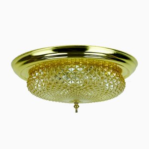 Mid-Century Plafoniere Amber Glass Structure Brass Ceiling Lamp, 1970s-FH-958235