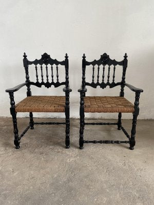 Mid-century Portuguese Black Painted Wood and Straw Living Room Set, 1960s, Set of 6-DHH-669479