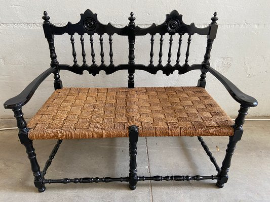 Mid-century Portuguese Black Painted Wood and Straw Living Room Set, 1960s, Set of 6-DHH-669479