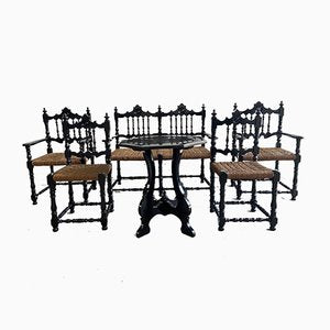 Mid-century Portuguese Black Painted Wood and Straw Living Room Set, 1960s, Set of 6-DHH-669479