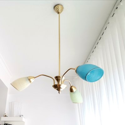 Mid-Century Portuguese Modern Blue Glass, Gold & Metal Sputnik Chandelier 1940s-SCS-1058051