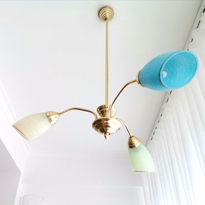 Mid-Century Portuguese Modern Blue Glass, Gold & Metal Sputnik Chandelier 1940s-SCS-1058051