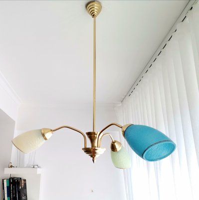 Mid-Century Portuguese Modern Blue Glass, Gold & Metal Sputnik Chandelier 1940s-SCS-1058051