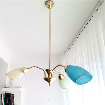 Mid-Century Portuguese Modern Blue Glass, Gold & Metal Sputnik Chandelier 1940s-SCS-1058051