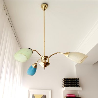 Mid-Century Portuguese Modern Blue Glass, Gold & Metal Sputnik Chandelier 1940s-SCS-1058051