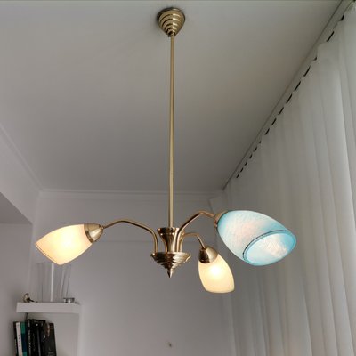 Mid-Century Portuguese Modern Blue Glass, Gold & Metal Sputnik Chandelier 1940s-SCS-1058051