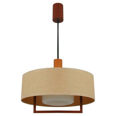 Mid-Century Raffia Teak and Milk Glass Pendant from Temde, Switzerland, 1960s-OE-1290411