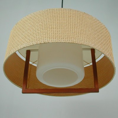 Mid-Century Raffia Teak and Milk Glass Pendant from Temde, Switzerland, 1960s-OE-1290411