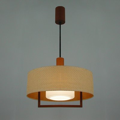 Mid-Century Raffia Teak and Milk Glass Pendant from Temde, Switzerland, 1960s-OE-1290411