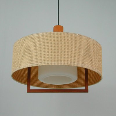 Mid-Century Raffia Teak and Milk Glass Pendant from Temde, Switzerland, 1960s-OE-1290411