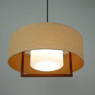 Mid-Century Raffia Teak and Milk Glass Pendant from Temde, Switzerland, 1960s-OE-1290411