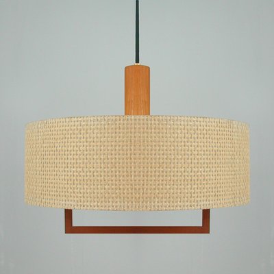 Mid-Century Raffia Teak and Milk Glass Pendant from Temde, Switzerland, 1960s-OE-1290411