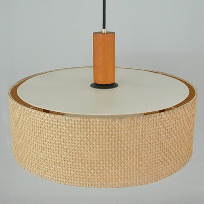 Mid-Century Raffia Teak and Milk Glass Pendant from Temde, Switzerland, 1960s-OE-1290411