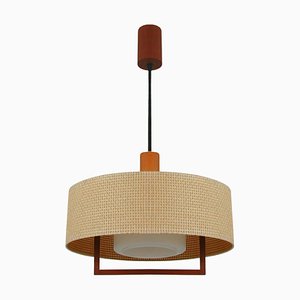 Mid-Century Raffia Teak and Milk Glass Pendant from Temde, Switzerland, 1960s-OE-1290411