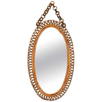 Mid-Century Rattan and Bamboo Oval Wall Mirror with Chain by Franco Albini, 1960s-LYQ-1768112