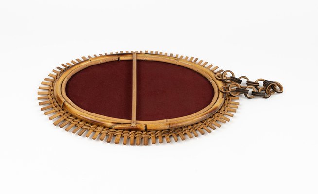 Mid-Century Rattan and Bamboo Oval Wall Mirror with Chain, Italy, 1960s-LYQ-1808344