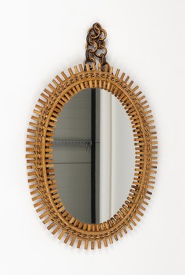 Mid-Century Rattan and Bamboo Oval Wall Mirror with Chain, Italy, 1960s-LYQ-1808344