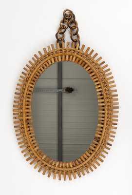 Mid-Century Rattan and Bamboo Oval Wall Mirror with Chain, Italy, 1960s-LYQ-1808344