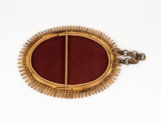 Mid-Century Rattan and Bamboo Oval Wall Mirror with Chain, Italy, 1960s-LYQ-1808344