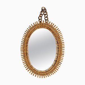 Mid-Century Rattan and Bamboo Oval Wall Mirror with Chain, Italy, 1960s-LYQ-1808344