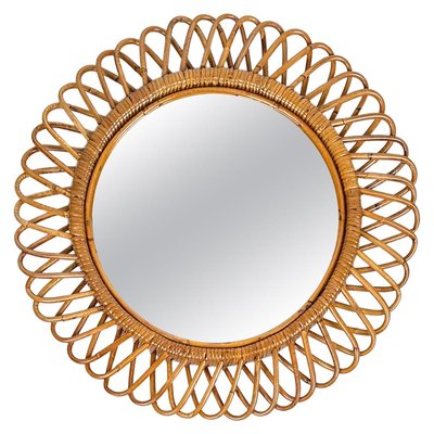 Mid-Century Rattan and Bamboo Round Wall Mirror, Italy, 1960s-LYQ-1433320