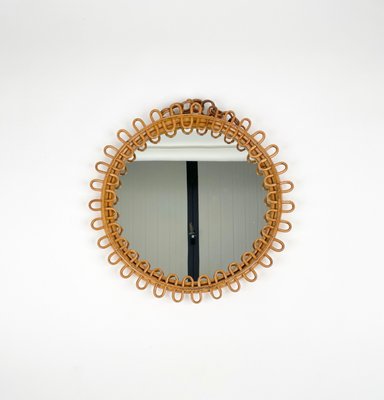 Mid-Century Rattan and Bamboo Round Wall Mirror, Italy, 1960s-LYQ-1314402