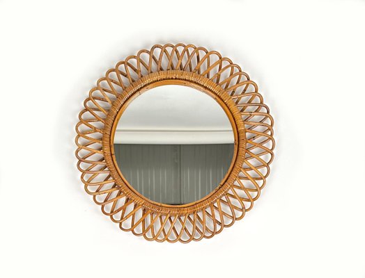 Mid-Century Rattan and Bamboo Round Wall Mirror, Italy, 1960s-LYQ-1433320