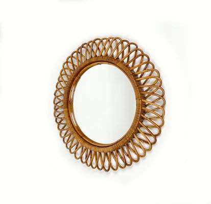 Mid-Century Rattan and Bamboo Round Wall Mirror, Italy, 1960s-LYQ-1433320